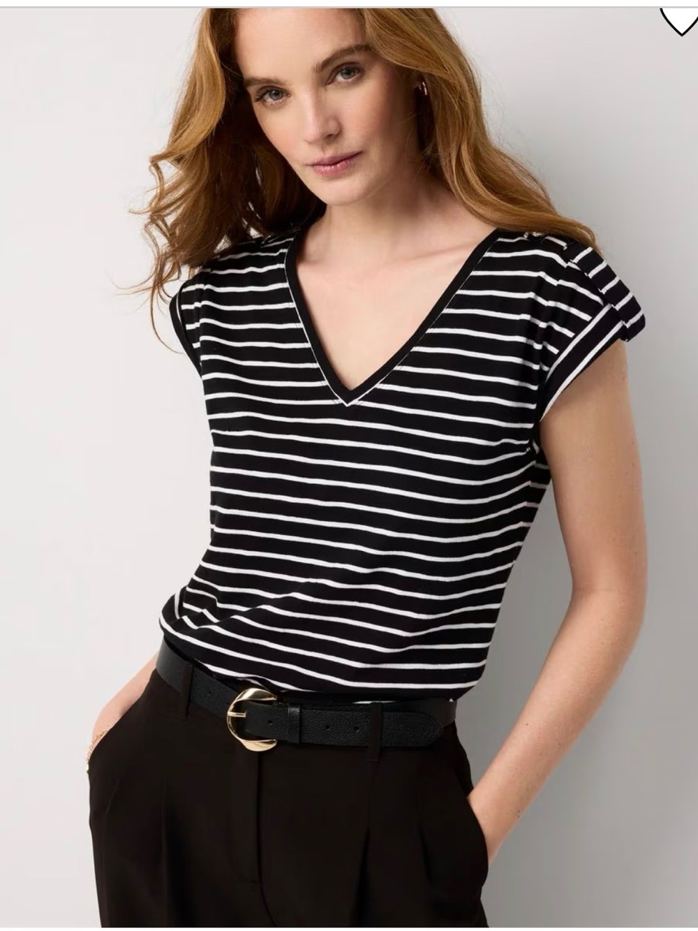WHBM Striped V-Neck Cap Sleeve Top Military Flair Soft Crest Buttons Nautical